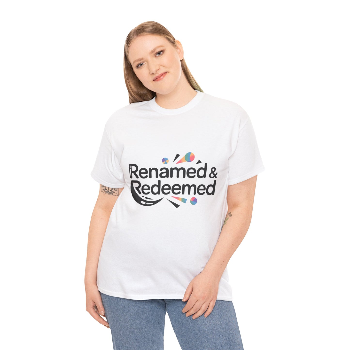 Unisex Heavy Cotton "Renamed & Redeemed" logo T-shirt, Casual Wear, Inspirational T-Shirt, Everyday Gift, Positive Message Tee