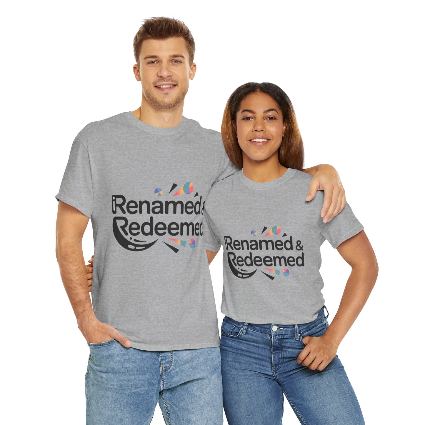 Unisex Heavy Cotton "Renamed & Redeemed" logo T-shirt, Casual Wear, Inspirational T-Shirt, Everyday Gift, Positive Message Tee
